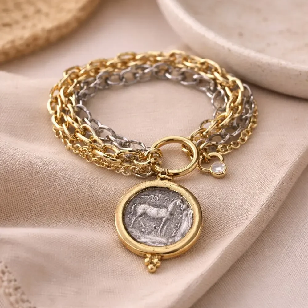 Triple Layer Greek Coin Bracelet, Horse Coin Charm, Mixed Metal Bracelet - Picture 1 of 9